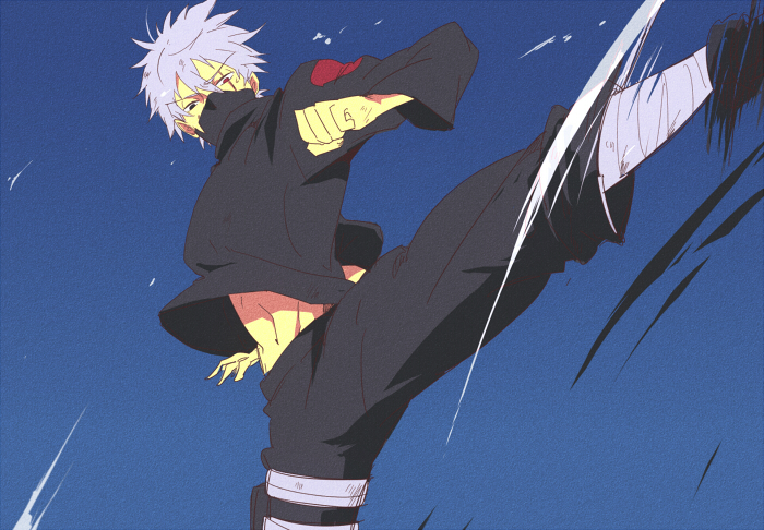 1boy bangs black_eyes black_pants black_shirt blue_background fighting hair_between_eyes hatake_kakashi heterochromia kicking long_sleeves looking_at_viewer mask naruto naruto_(series) navel pants red_eyes scar scar_across_eye sharingan shirt simple_background solo white_hair yuuki_chitose