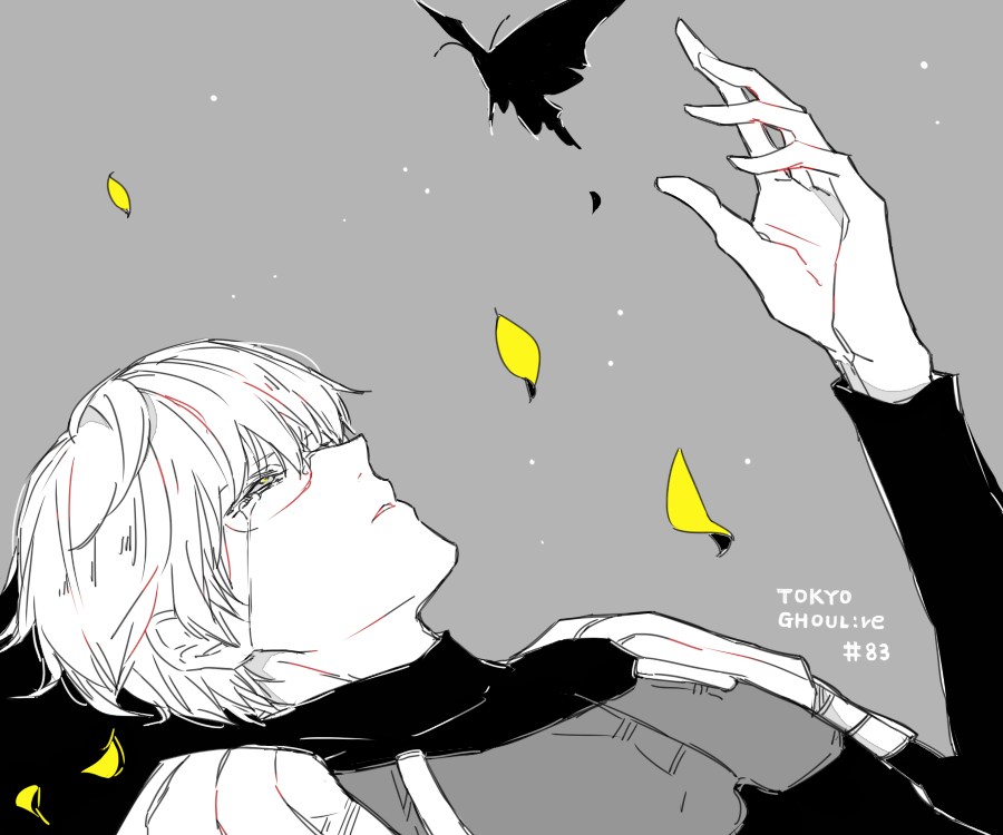 1boy arima_kishou armor awara_kayu bangs black_background bodysuit bug butterfly commentary_request from_side glasses grey_background grey_eyes hand_up insect lying male_focus on_back petals short_hair solo tokyo_ghoul tokyo_ghoul:re upper_body white_hair