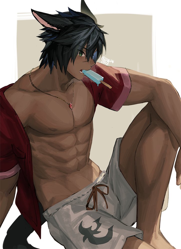 1boy abs animal_ears arm_on_knee barefoot black_hair black_tail border brown_background collarbone dark-skinned_male dark_skin eyebrows_visible_through_hair eyes_visible_through_hair fictional_persona final_fantasy final_fantasy_xiv food food_in_mouth gem green_eyes hair_between_eyes jewelry jpeg_artifacts knee_up looking_at_viewer looking_to_the_side male_focus miqo'te mn_(zig_r14) mouth_hold necklace nipples open_clothes open_shirt orange_ribbon outside_border pectorals popsicle profile red_shirt ribbon scar scar_on_face shirt short_hair short_sleeves shorts sideways_glance sitting solo tail teeth_hold toned toned_male twitter_username white_border white_shorts