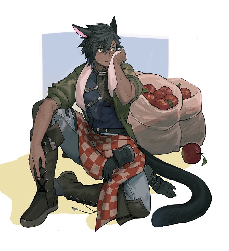 1boy animal_ears apple belt black_belt black_gloves black_hair black_tail blanket blue_pants boots brown_footwear buckle checkered_blanket closed_mouth commentary_request covered_abs cross-laced_footwear dark-skinned_male dark_skin eyebrows_visible_through_hair fictional_persona final_fantasy final_fantasy_xiv food fruit full_body gloves gloves_removed green_eyes green_jacket hair_between_eyes hand_on_own_leg hand_up jacket jpeg_artifacts lace-up_boots looking_away male_focus miqo'te mn_(zig_r14) open_clothes open_jacket pants puffy_sleeves red_background sack scar scar_on_face short_hair sitting smile solo tail toned toned_male towel towel_around_neck white_background white_towel wiping_face