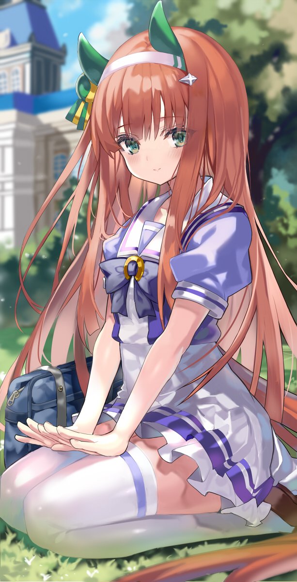 1girl animal_ears bangs blue_sky blush closed_mouth clouds commentary_request day green_eyes hairband highres horse_ears horse_girl horse_tail looking_at_viewer orange_hair outdoors puffy_short_sleeves puffy_sleeves school_uniform shino_(eefy) short_sleeves silence_suzuka_(umamusume) sitting skirt sky smile solo tail thigh-highs thighs tracen_school_uniform umamusume wariza white_hairband white_legwear white_skirt zettai_ryouiki