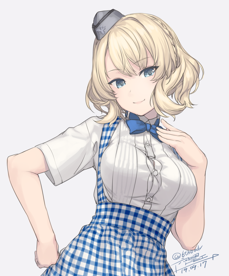 1girl apron bangs blonde_hair blue_apron blue_bow blue_eyes blue_neckwear bow bowtie breasts button_gap closed_mouth colorado_(kancolle) dated employee_uniform eyebrows_visible_through_hair garrison_cap gingham gingham_apron gingham_skirt grey_background grey_headwear hand_on_hip hand_on_own_chest hand_up hat high-waist_skirt kantai_collection kobeya_uniform leaning_to_the_side looking_at_viewer medium_breasts pleated_shirt rokuwata_tomoe short_hair short_sleeves side_braids signature simple_background skirt smile suspender_skirt suspenders tongs twitter_username uniform upper_body waitress wavy_hair