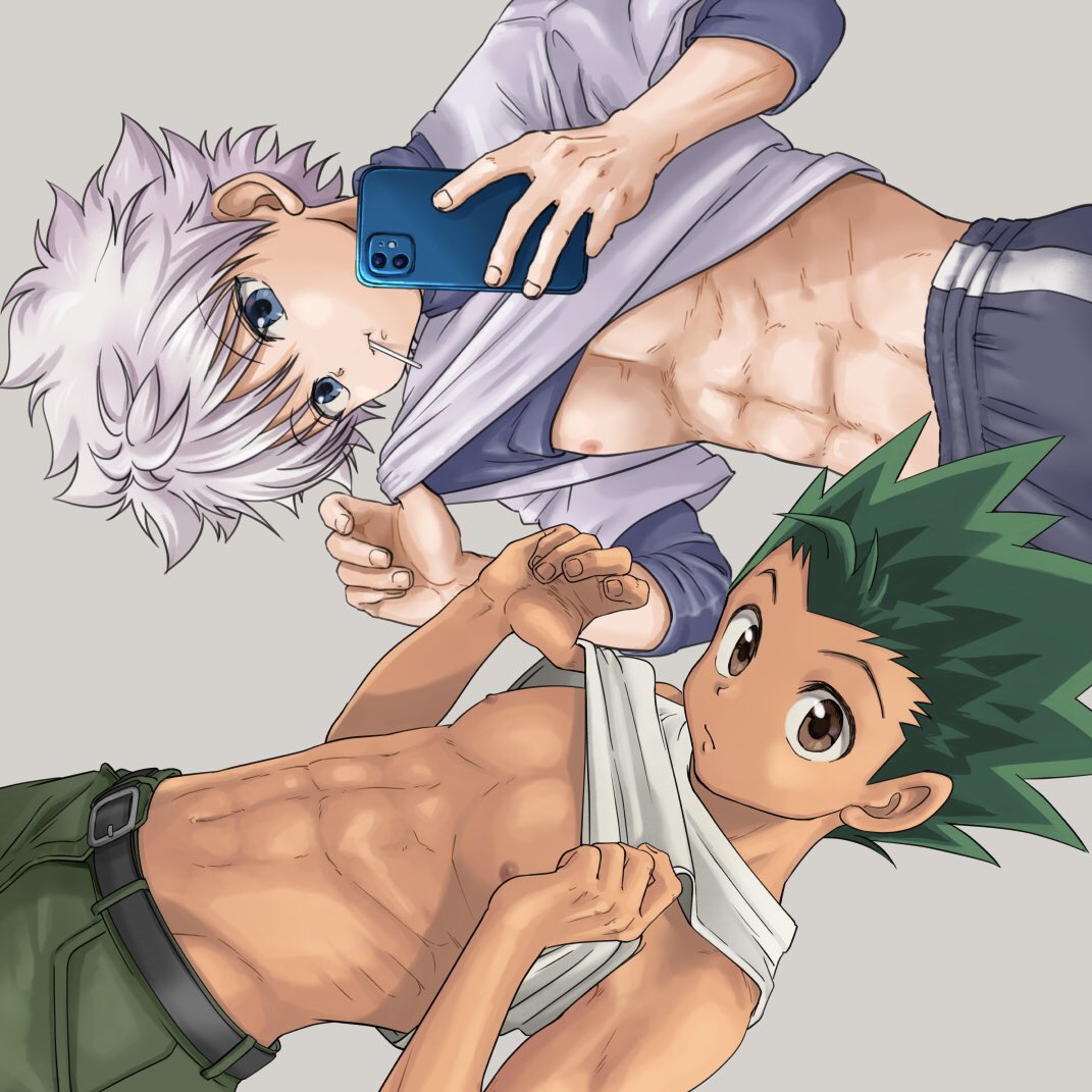 2boys abs blue_eyes brown_eyes closed_mouth clothes_lift gon_freecss green_hair holding holding_phone hunter_x_hunter killua_zoldyck looking_at_viewer male_focus multiple_boys navel nipples phone risukoyama selfie shirt shirt_lift short_hair shorts spiky_hair taking_picture tank_top toned toned_male white_hair white_shirt white_tank_top