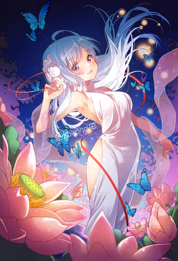 1girl :d blue_butterfly blush breasts bug butterfly dress emori_miku flower hair_flower hair_ornament insect kawanobe leaning_back long_hair looking_at_viewer medium_breasts open_mouth outdoors red_ribbon ribbon see-through silver_hair smile standing violet_eyes vocaloid white_dress