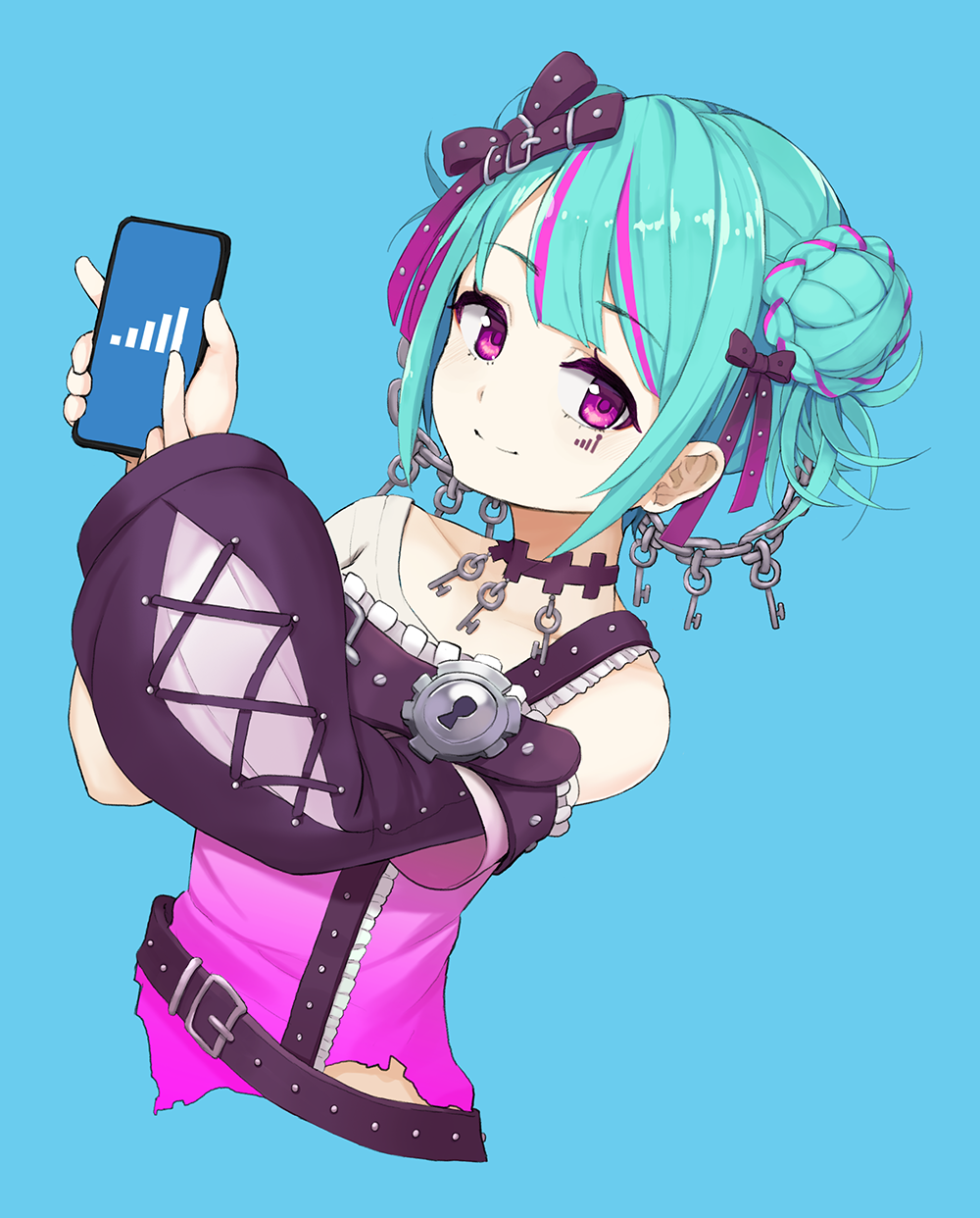 1girl blue_background blue_hair cellphone chain collarbone double_bun highres holding holding_phone key korean_commentary multicolored_hair nijisanji nijisanji_kr off_shoulder phone pointing purple_hair sizeaton smartphone smile solo streaked_hair upper_body violet_eyes virtual_youtuber wiffy