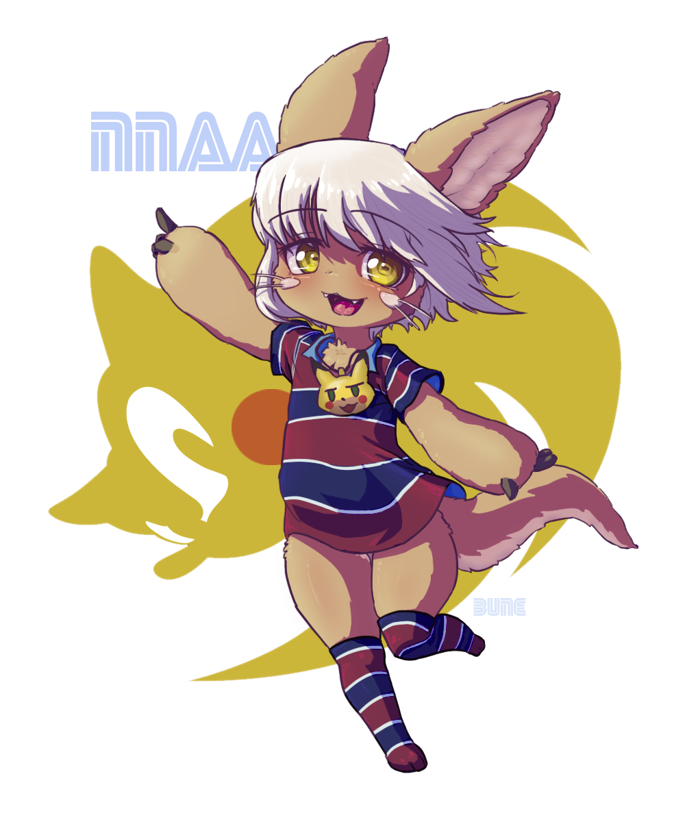 1girl animal_ears artist_name bangs body_fur bune_poster chris-chan eyebrows_visible_through_hair full_body furry furry_female hand_up highres horizontal_pupils kneehighs looking_at_viewer made_in_abyss nanachi_(made_in_abyss) pointing rabbit_ears rabbit_girl shirt short_hair simple_background solo sonic_(series) sonichu standing standing_on_one_leg striped striped_shirt tail whiskers white_background white_hair yellow_eyes