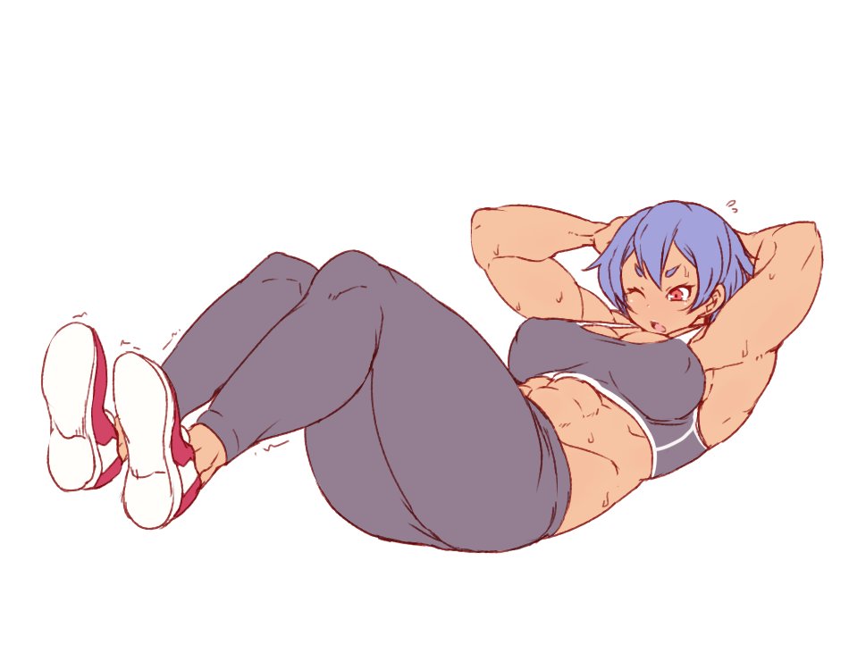 1girl abs armpit_crease armpit_peek arms_behind_back blue_hair breasts full_body hanzo_(2929) large_breasts legs_up muscular muscular_female one_eye_closed open_mouth original pants red_eyes shoes short_hair simple_background sit-up solo sportswear sweatpants white_background