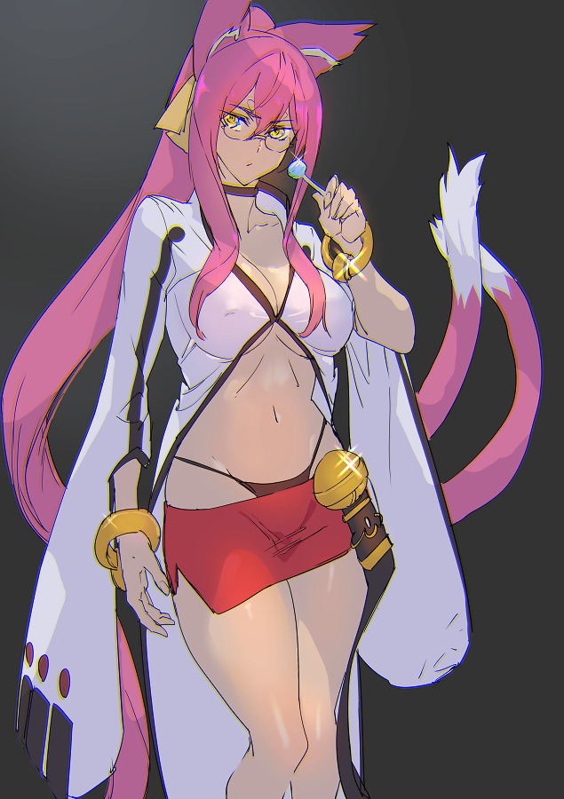 1girl animal_ears ashiomi_masato blazblue bracelet breasts candy cat_ears cat_tail closed_mouth food glasses jewelry kokonoe_(blazblue) lollipop long_hair looking_at_viewer navel panties pink_hair simple_background skirt solo tail underwear yellow_eyes