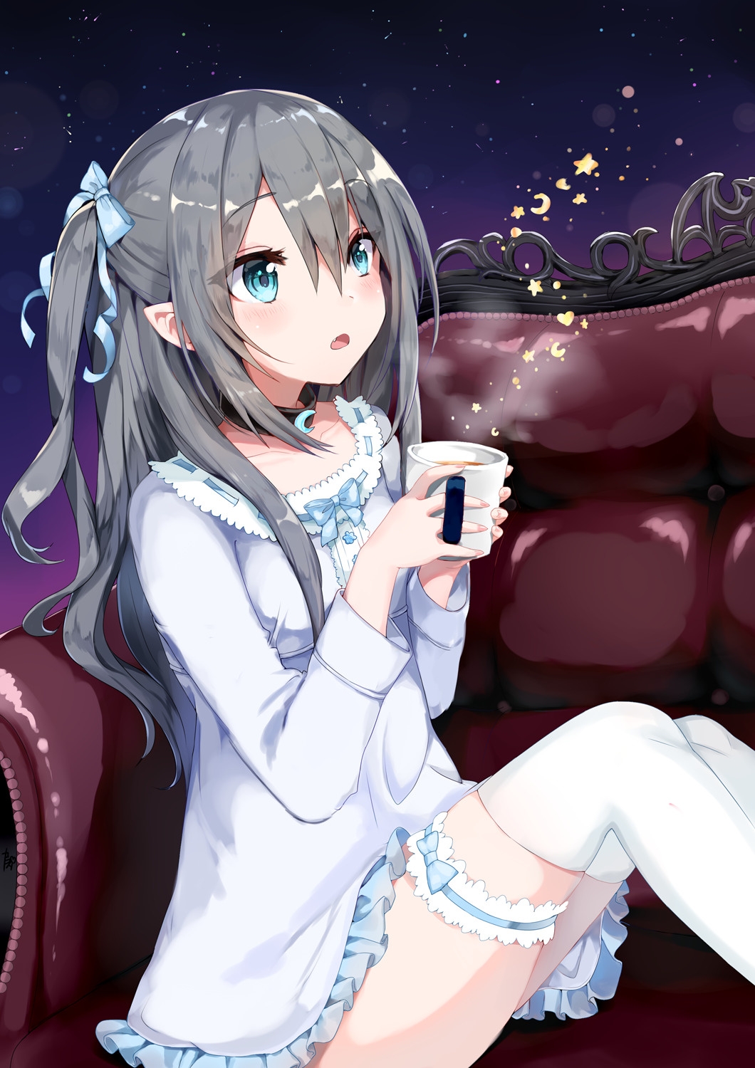 1girl blue_eyes character_request collar cup fang grey_hair hair_ribbon highres holding holding_cup kneehighs leg_garter lingerie long_hair negligee original pointy_ears ribbon ruri-urasue-1224 solo two_side_up underwear vampire virtual_youtuber