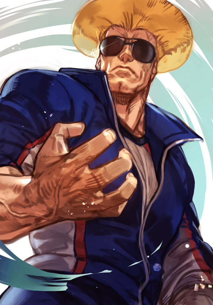 1boy blonde_hair blue_jacket closed_mouth covered_eyes facing_viewer guile hand_up hankuri jacket male_focus muscular muscular_male solo street_fighter sunglasses upper_body