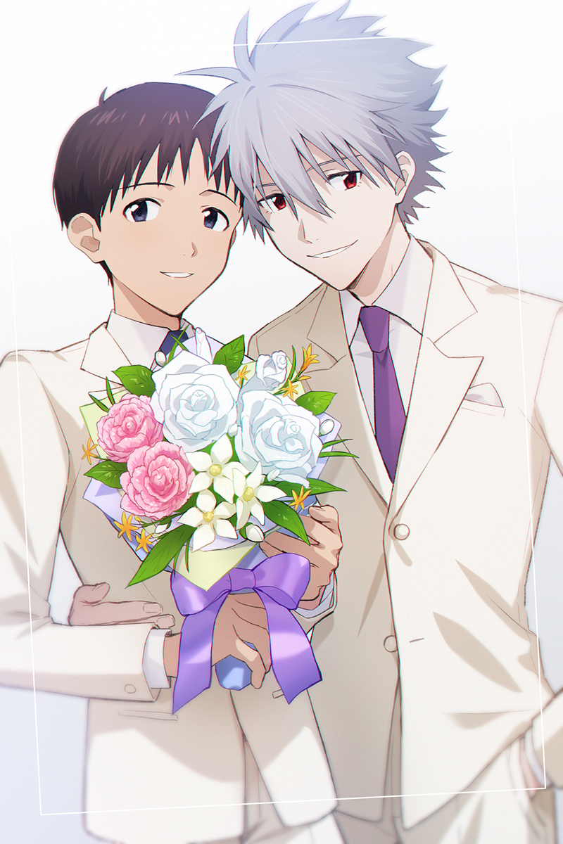 11kkr 2boys bangs blue_eyes blush bouquet bow brown_hair closed_mouth flower formal hand_in_pocket hand_on_another's_hip highres holding holding_bouquet holding_flower ikari_shinji looking_at_viewer multiple_boys nagisa_kaworu necktie neon_genesis_evangelion open_mouth pink_flower purple_bow purple_neckwear red_eyes short_hair simple_background smile standing suit uniform white_background white_flower white_hair white_suit