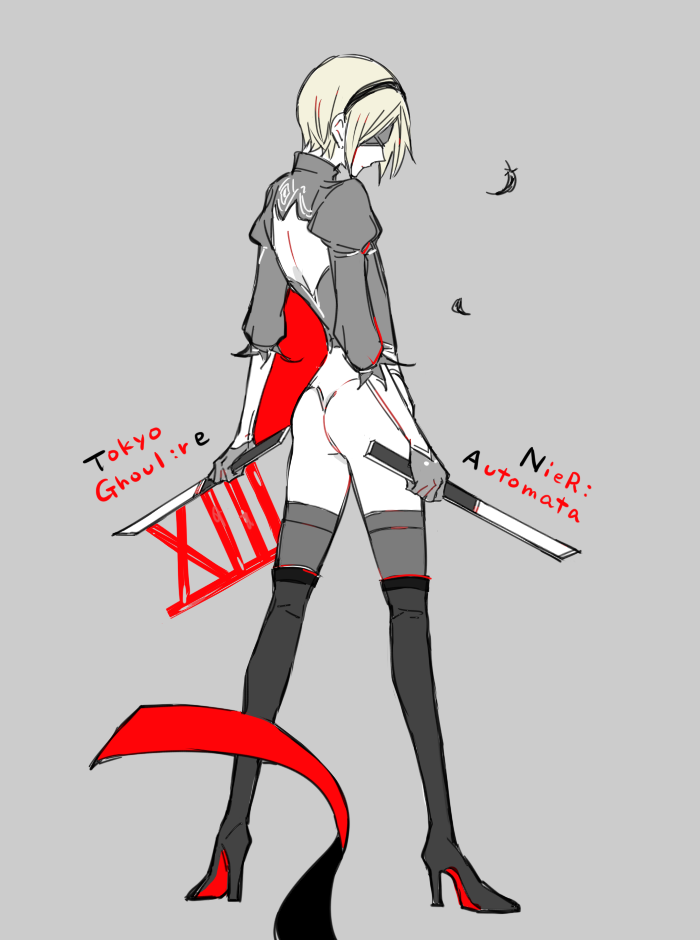 1boy ass awara_kayu back_cutout bangs blindfold blonde_hair boots clothing_cutout commentary_request copyright_name cosplay crossover dual_wielding from_behind full_body grey_background high_heel_boots high_heels holding holding_weapon juliet_sleeves leotard long_sleeves nakarai_keijin puffy_sleeves roman_numeral short_hair simple_background solo standing thigh-highs thigh_boots tokyo_ghoul tokyo_ghoul:re weapon yorha_no._2_type_b yorha_no._2_type_b_(cosplay)
