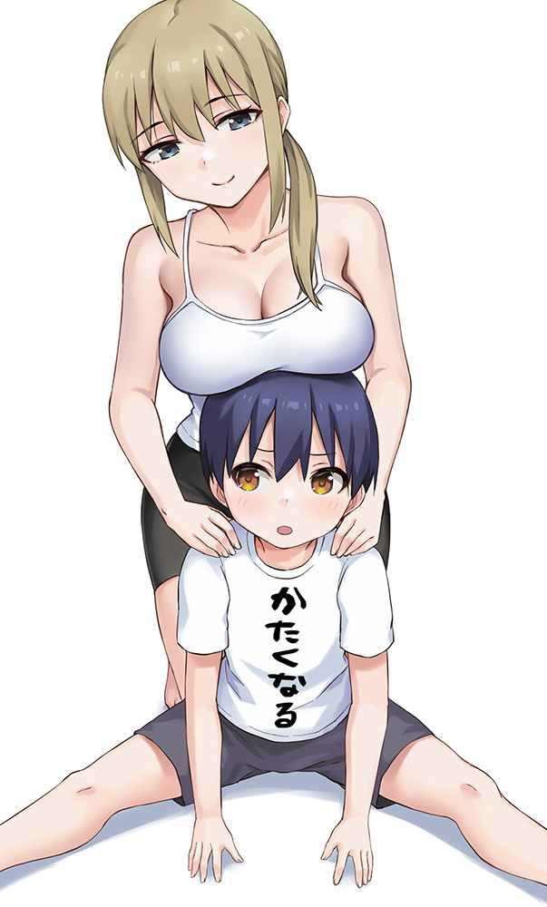 1boy 1girl age_difference bike_shorts black_hair blonde_hair blue_eyes breast_rest breasts breasts_on_head camisole hashi long_hair orange_eyes original short_hair short_shorts shorts spaghetti_strap stretch translated white_background