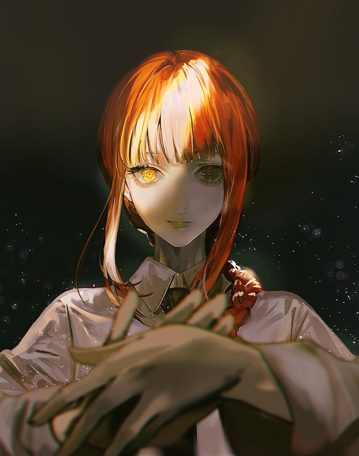 1girl bangs black_background black_neckwear braid braided_ponytail chainsaw_man closed_mouth dark hand_on_hand light looking_at_viewer makima_(chainsaw_man) necktie orange_hair say_hana shadow shiny shiny_hair shirt simple_background smile solo standing upper_body white_shirt yellow_eyes