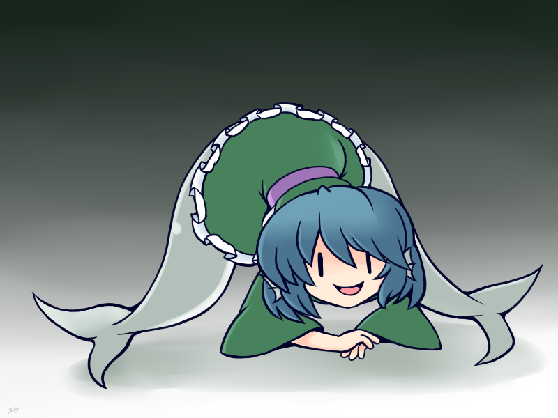 1girl 216 :d bangs blue_hair commentary_request gradient gradient_background green_kimono grey_background hair_between_eyes head_fins jack-o'_challenge japanese_clothes kimono long_sleeves mermaid monster_girl multiple_tails open_mouth short_hair simple_background smile solo tail top-down_bottom-up touhou two_tails wakasagihime wide_sleeves |_|