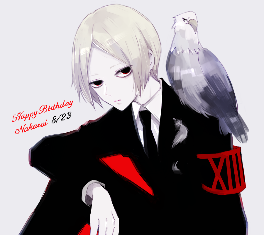 1boy animal animal_on_shoulder awara_kayu bangs bird bird_on_shoulder black_armband blonde_hair commentary_request dated formal grey_background happy_birthday knee_up long_sleeves male_focus nakarai_keijin necktie pale_skin pants red_armband red_background roman_numeral shirt short_hair simple_background solo tokyo_ghoul tokyo_ghoul:re upper_body