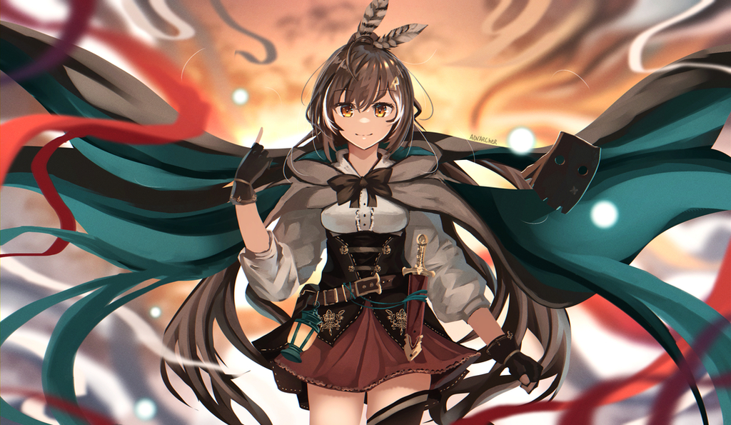 1girl ahoge anonamos artist_name bandaid belt black_belt black_gloves black_legwear bow breasts brown_bow brown_cloak brown_eyes brown_hair cloak closed_mouth dagger feather_hair_ornament feathers friend_(nanashi_mumei) gloves hair_ornament hairclip hololive hololive_english hood hooded_cloak knife lantern long_hair medium_breasts multicolored_hair nanashi_mumei over-kneehighs partially_fingerless_gloves pointing pointing_up ponytail puffy_sleeves red_skirt sheath sheathed shirt skirt solo streaked_hair thigh-highs very_long_hair weapon white_shirt