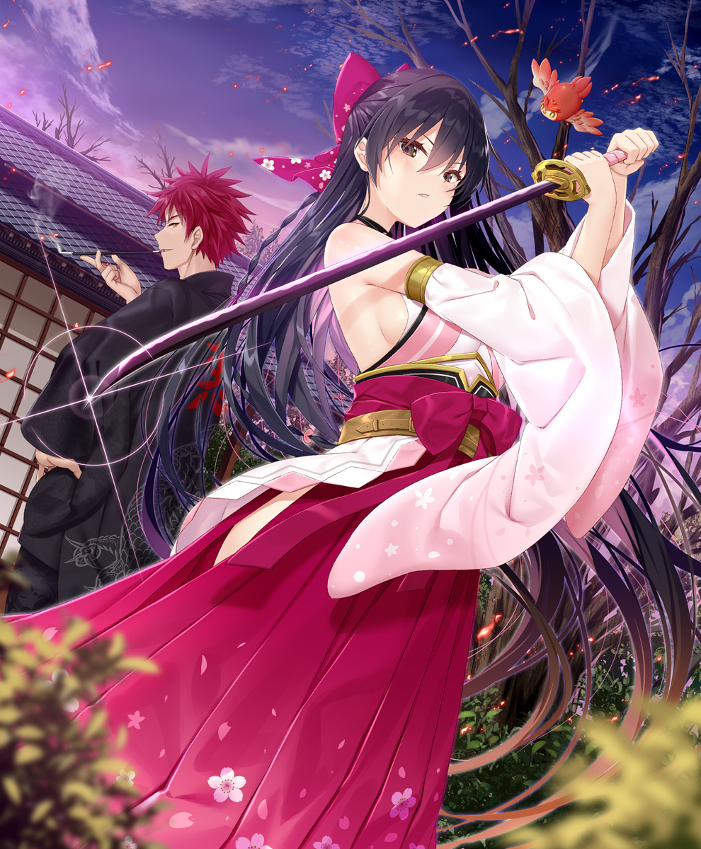 1girl architecture bangs black_hair breasts brown_eyes building copyright_request detached_sleeves dutch_angle east_asian_architecture hair_between_eyes highres holding holding_sword holding_weapon japanese_clothes katana long_hair looking_at_viewer medium_breasts miko official_art outdoors red_eyes short_hair smoking solo sword very_long_hair weapon yano_mitsuki