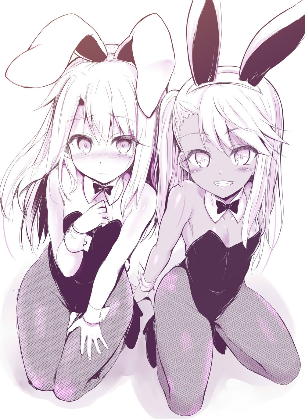 2girls animal_ears bangs blush breasts chloe_von_einzbern dark-skinned_female dark_skin detached_collar fake_animal_ears fate/kaleid_liner_prisma_illya fate_(series) greyscale grin hair_between_eyes high_heels highleg highleg_leotard highres illyasviel_von_einzbern kneeling leotard long_hair looking_at_viewer monochrome multiple_girls pantyhose playboy_bunny rabbit_ears rabbit_tail sen_(astronomy) sidelocks small_breasts smile strapless strapless_leotard tail thighs wrist_cuffs