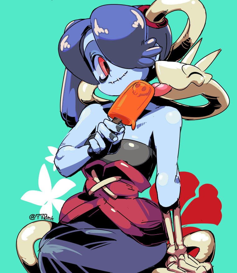 1girl 770mk alternate_costume blue_hair blue_skin colored_skin creature flat_chest floral_background food hair_over_one_eye happy leviathan_(skullgirls) popsicle red_eyes sitting skeletal_hand skullgirls smile solo squigly_(skullgirls) stitched_mouth stitches summer tagme tongue twitter_username zombie