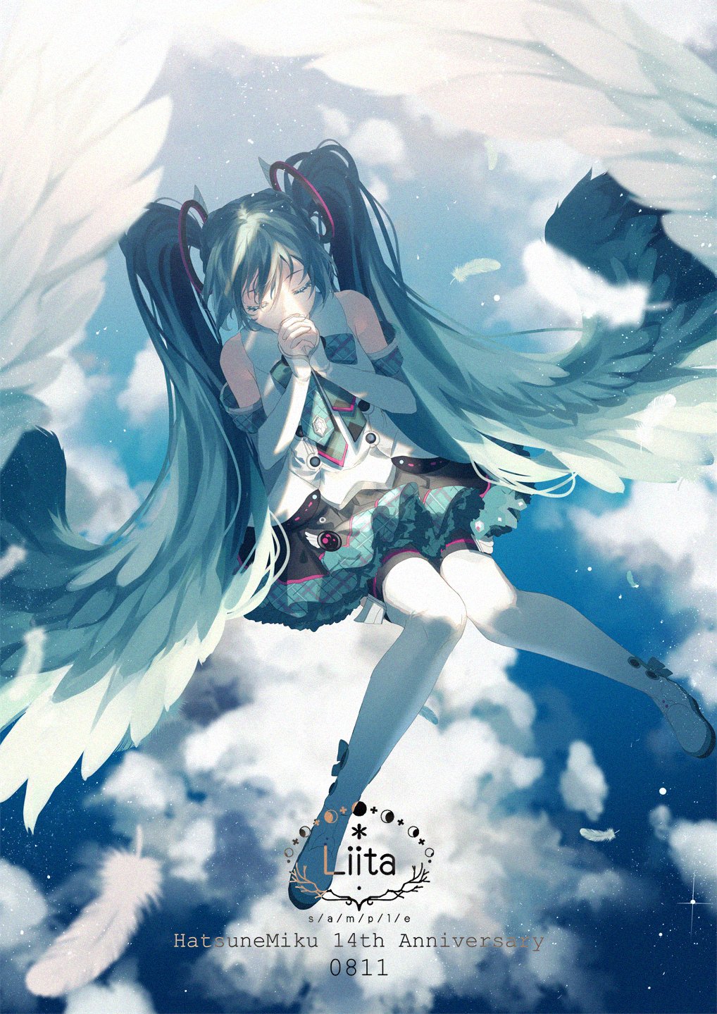 1girl angel_wings ankle_ribbon anniversary artist_name backlighting blue_eyelashes blue_hair blue_ribbon blue_skirt blue_sky blue_theme blurry blurry_background boots character_name closed_eyes clouds cloudy_sky collared_shirt day depth_of_field detached_sleeves dutch_angle expressionless eyelashes feathered_wings feathers flat_chest from_above full_body hair_between_eyes hand_to_own_mouth hands_clasped hands_up hatsune_miku highres knees_together_feet_apart light light_particles liita_(dusk_snow) long_hair magical_mirai_(vocaloid) neck_ribbon outdoors own_hands_together plaid plaid_ribbon plaid_skirt pleated_skirt ribbon shirt skirt sky sleeveless sleeveless_shirt solo sparkle thigh-highs thigh_boots twintails very_long_hair vocaloid white_feathers white_footwear white_wings winged_footwear wings