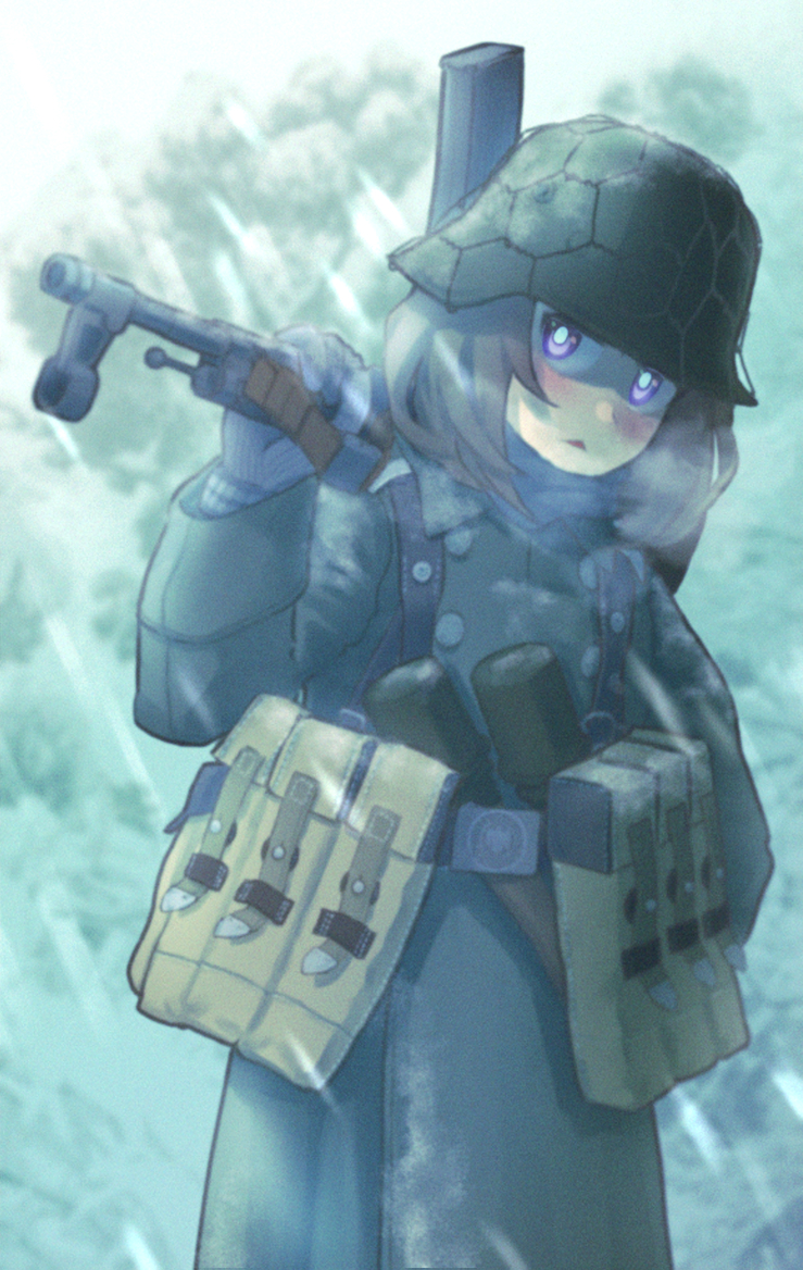 1girl ammunition_pouch assault_rifle belt_buckle blush brown_hair buckle coat explosive gloves grenade gun helmet holding holding_weapon karasumi_(sumizono) load_bearing_equipment medium_hair military military_uniform original over_shoulder overcoat pouch rifle soldier solo stahlhelm stg44 stielhandgranate sunlight tree uniform violet_eyes weapon weapon_over_shoulder wehrmacht world_war_ii