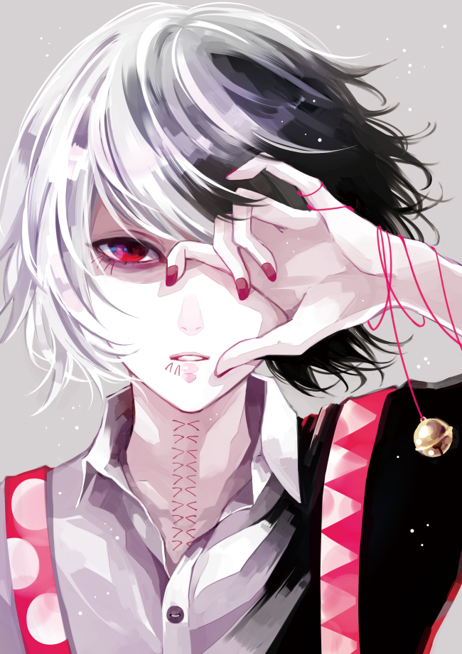 1boy awara_kayu bangs bell black_hair black_shirt commentary_request covering_one_eye dress_shirt grey_background hand_up looking_at_viewer male_focus multicolored_hair nail_polish parted_lips polka_dot red_eyes red_nails shirt short_hair simple_background solo stitches suspenders suzuya_juuzou teeth tokyo_ghoul tokyo_ghoul:re two-tone_hair two-tone_shirt upper_body white_hair white_shirt