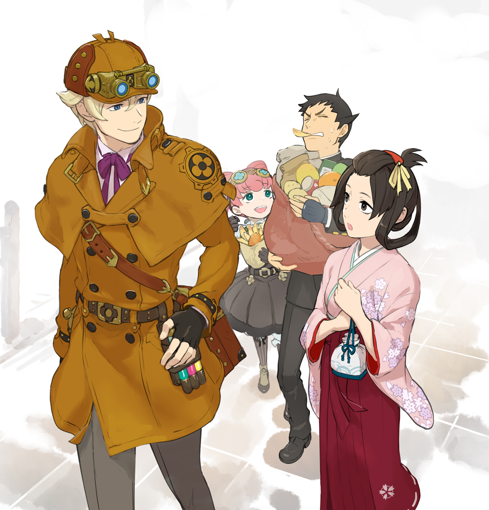 2boys 2girls bag black_footwear black_gloves black_hair black_jacket black_pants black_skirt blonde_hair blue_eyes box brown_capelet brown_headwear brown_jacket capelet closed_eyes closed_mouth dai_gyakuten_saiban feet_out_of_frame fingerless_gloves fish_and_chips food food_in_mouth full_body gloves goggles goggles_on_head goggles_on_headwear grey_pants gyakuten_saiban hair_ribbon hakama hat holding holding_bag iris_watson jacket japanese_clothes kimono long_sleeves looking_at_another mikami mikotoba_susato multiple_boys multiple_girls naruhodou_ryuunosuke neck_ribbon pants pink_hair pink_kimono purple_neckwear red_hakama ribbon sherlock_holmes_(gyakuten_saiban) shoes short_hair skirt smile standing sweatdrop updo vial white_background wide_sleeves yellow_ribbon