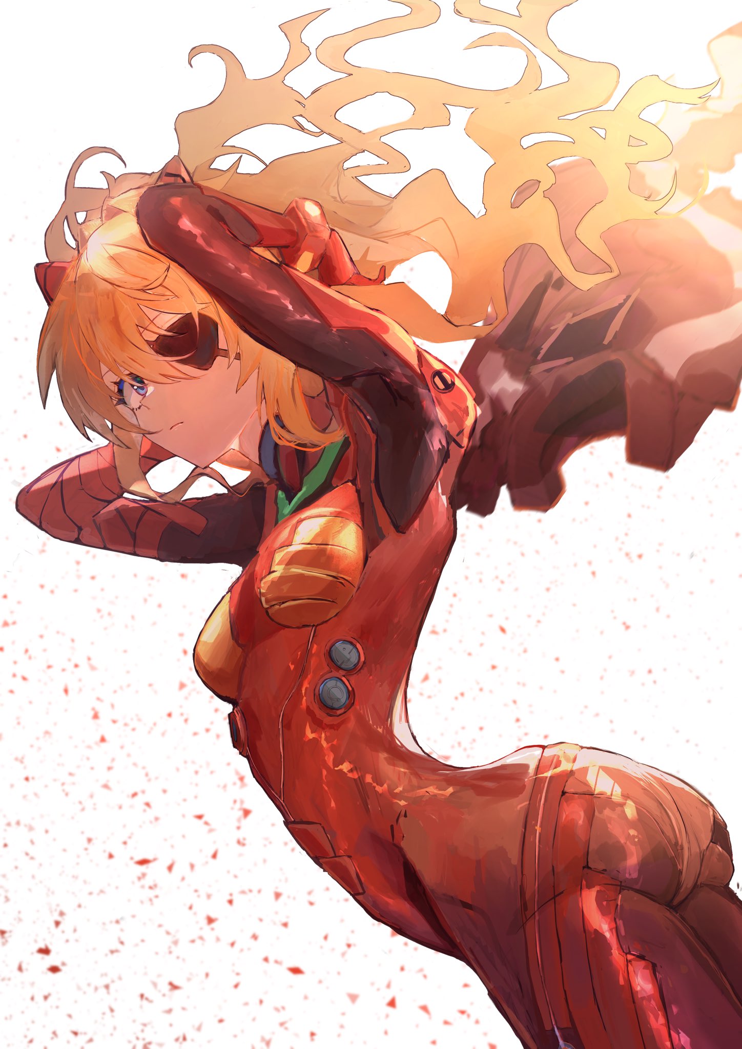 1girl aburiengawa3150 blue_eyes bodysuit breasts eyepatch hairpods highres interface_headset multicolored multicolored_bodysuit multicolored_clothes neon_genesis_evangelion orange_bodysuit orange_hair pilot_suit plugsuit rebuild_of_evangelion red_bodysuit small_breasts solo souryuu_asuka_langley