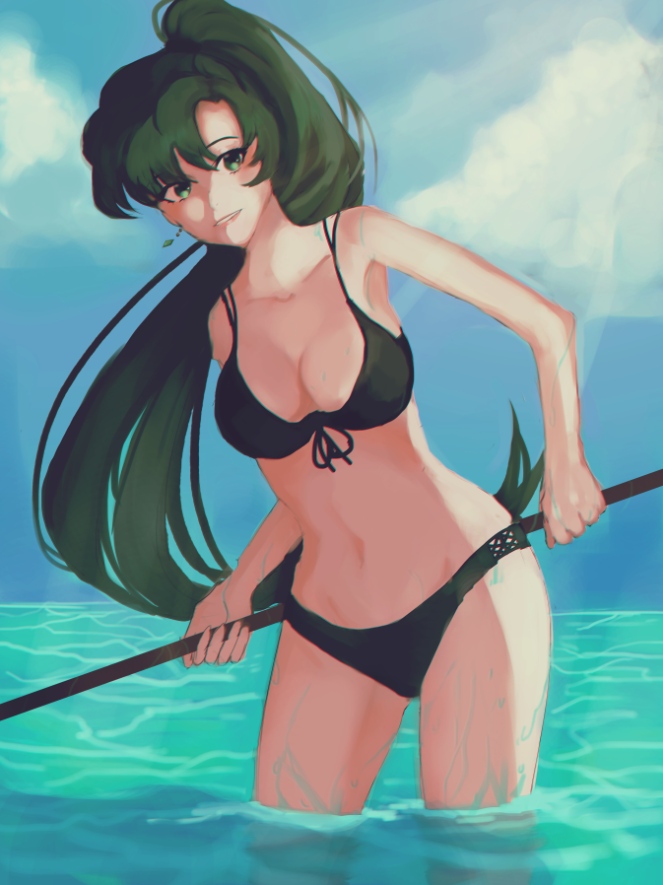 1girl bikini black_bikini blue_sky clouds cute ear_piercing fire_emblem fire_emblem:_rekka_no_ken fire_emblem:_the_blazing_blade fire_emblem_7 green_eyes green_hair holding holding_weapon intelligent_systems lazeuli long_hair looking_at_viewer lyn_(fire_emblem) lyndis_(fire_emblem) navel nintendo outdoors partially_submerged ponytail sky smile soaking_feet solo summer swimsuit water weapon wet