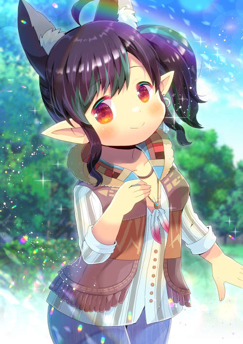 1girl ahoge animal_ear_fluff animal_ears bangs black_hair blue_pants blush brown_vest closed_mouth collarbone day earrings eyebrows_visible_through_hair final_fantasy final_fantasy_xiv fringe_trim hand_up jewelry kou_hiyoyo lalafell long_sleeves looking_at_viewer outdoors pants pointy_ears red_eyes shirt side_ponytail sidelocks smile solo vest white_shirt