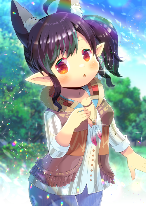 1girl :o ahoge animal_ear_fluff animal_ears bangs black_hair blue_pants blush brown_vest collarbone commentary_request day earrings eyebrows_visible_through_hair final_fantasy final_fantasy_xiv fringe_trim hand_up jewelry kou_hiyoyo lalafell long_sleeves looking_at_viewer outdoors pants parted_lips pointy_ears red_eyes shirt side_ponytail sidelocks solo vest white_shirt