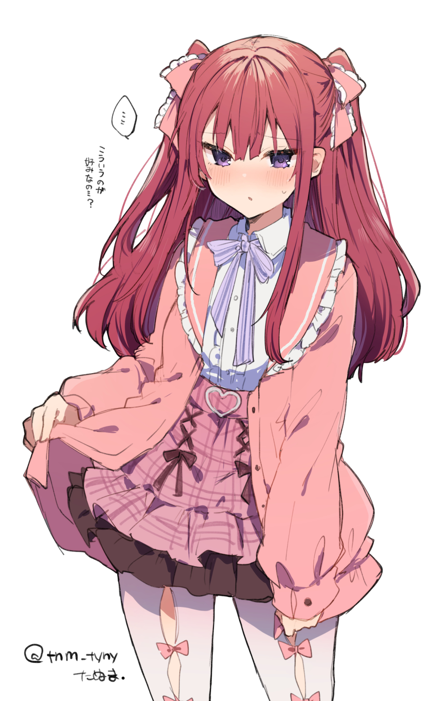 ... 1girl anna_(ikeuchi_tanuma) blush bow cardigan cowboy_shot embarrassed hair_bow highres ikeuchi_tanuma jacket jacket_lift long_sleeves looking_at_viewer miniskirt neck_ribbon original pantyhose parted_lips pink_bow pink_cardigan pink_jacket pink_sailor_collar pink_skirt purple_neckwear purple_ribbon redhead ribbon sailor_collar simple_background skirt solo spoken_ellipsis standing twintails twitter_username violet_eyes white_background white_legwear