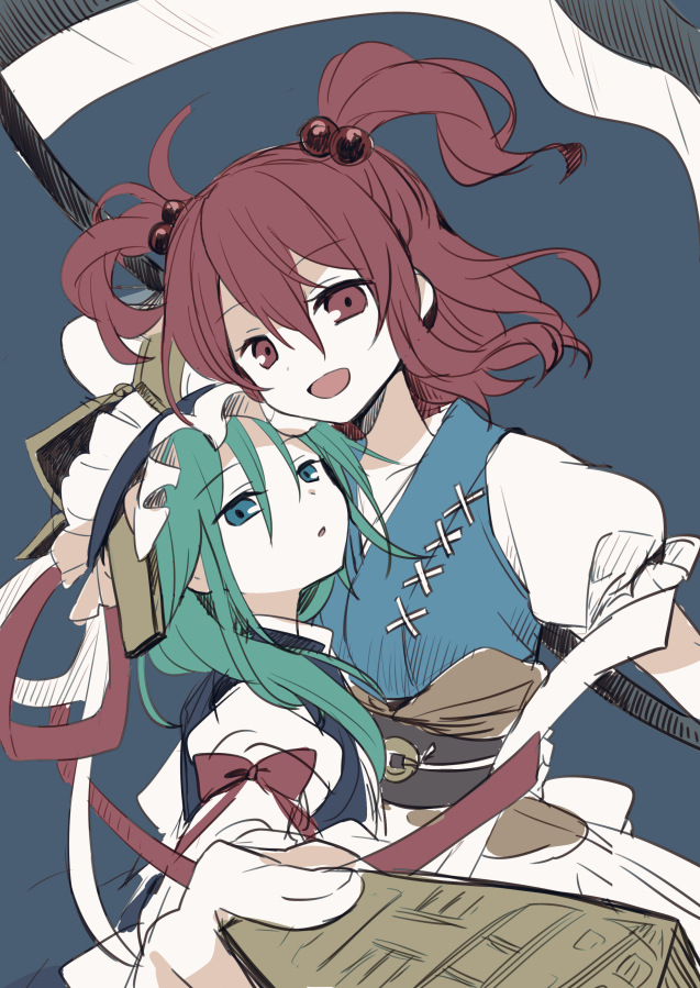 2girls asymmetrical_hair bangs blue_background blue_eyes blue_vest frilled_hat frills green_hair hair_between_eyes hair_bobbles hair_ornament hat holding japanese_clothes long_hair multiple_girls nagasioo obi onozuka_komachi open_mouth parted_lips red_eyes redhead rod_of_remorse sash scythe shiki_eiki short_hair simple_background sketch touhou two_side_up upper_body vest weapon