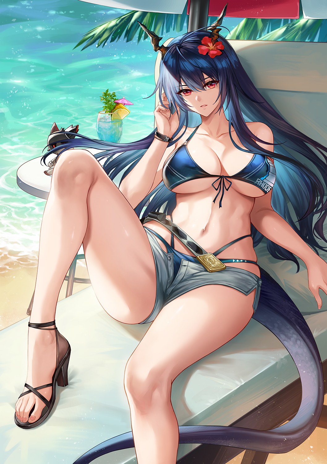 1girl arknights beach beach_umbrella bikini bikini_under_clothes blue_bikini blue_hair blue_shorts breasts ch'en_(arknights) ch'en_the_holungday_(arknights) chinese_commentary cocktail_glass collarbone commentary_request cup denim denim_shorts dragon_horns dragon_tail drink drinking_glass flower foot_out_of_frame front-tie_bikini front-tie_top hair_between_eyes hair_flower hair_ornament highres horns kacyu knee_up large_breasts long_hair looking_at_viewer navel official_alternate_costume open_fly outdoors parted_lips reclining red_eyes red_flower sand shorts solo stomach swimsuit tail umbrella water wristband