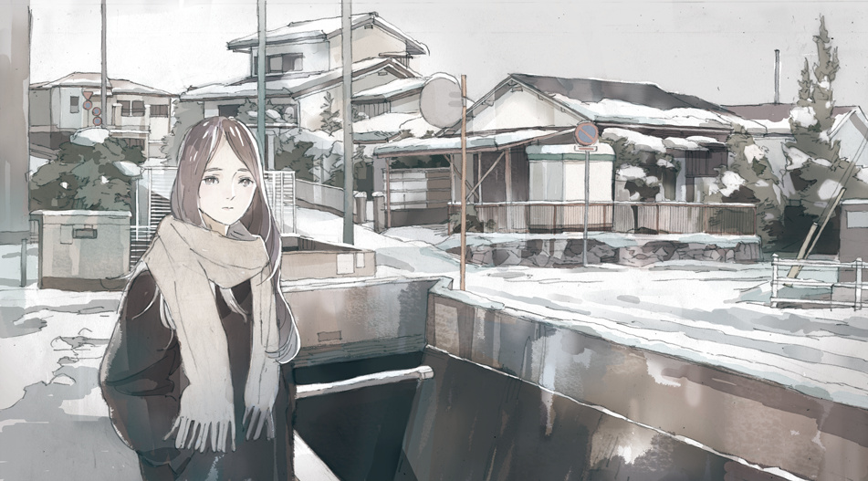 1girl beige_scarf black_coat brown_eyes brown_hair building canal closed_mouth coat commentary_request expressionless hands_in_pockets long_hair looking_at_viewer original outdoors road_sign scarf sign snow solo tree upper_body wamizu winter_clothes