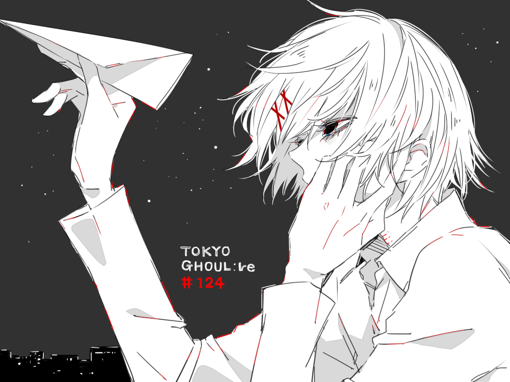 1boy awara_kayu bangs collared_shirt commentary_request copyright_name from_side grey_background hair_ornament hairclip hand_on_own_face hand_up long_sleeves male_focus number paper_airplane shirt short_hair solo star_(sky) stitches suzuya_juuzou tokyo_ghoul x_hair_ornament