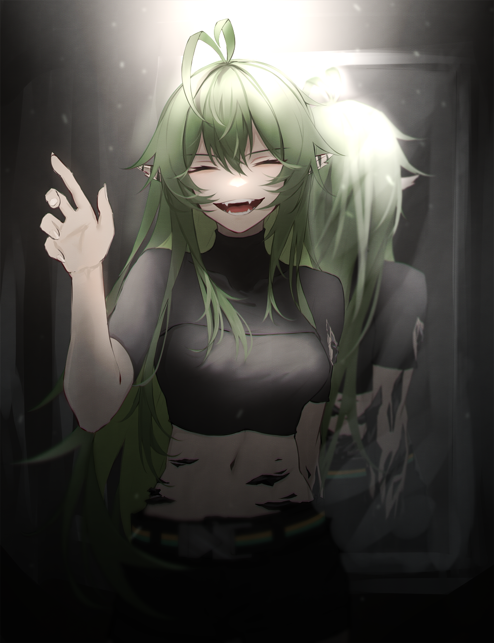 1girl antenna_hair arknights arm_up black_shirt closed_eyes fangs gavial_(arknights) green_hair highres long_hair open_mouth oripathy_lesion_(arknights) ozeu0916 pointy_ears reflection shirt smile teeth