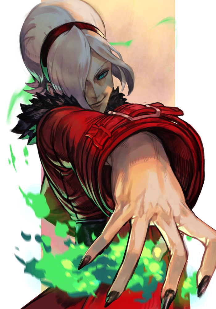 1boy aqua_eyes ash_crimson bangs black_nails blonde_hair coat cowboy_shot fire fur_collar green_fire hair_over_one_eye hankuri headband long_sleeves looking_at_viewer nail_polish outstretched_arm red_coat solo the_king_of_fighters
