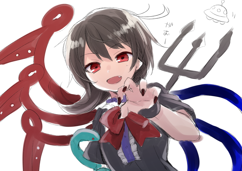 1girl asymmetrical_wings bangs black_dress black_hair black_nails blue_wings dress eyebrows_visible_through_hair fang holding houjuu_nue looking_at_viewer nagasioo open_mouth polearm red_eyes red_neckwear red_wings short_sleeves simple_background sketch snake trident ufo upper_body weapon white_background wings