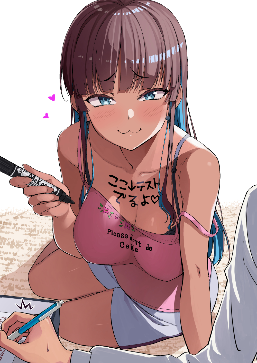 1girl :3 bare_shoulders black_hair blush body_writing bra breasts camisole clothes_writing commentary_request english_text engrish_text eyebrows_visible_through_hair floral_print heart highres holding holding_marker holding_pen indoors ishizaka_ryuudai large_breasts long_hair looking_at_viewer marker on_floor original pen pink_shirt ranguage shirt shorts sidelocks sitting strap_slip surprised sweatdrop tan translated underwear yokozuwari