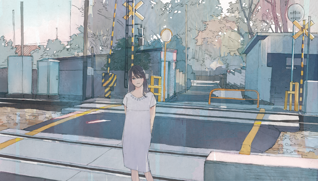 1girl arms_behind_back black_hair building closed_mouth commentary_request day dress feet_out_of_frame long_hair original outdoors railing railroad_crossing railroad_tracks scenery short_sleeves solo standing tree wamizu white_dress