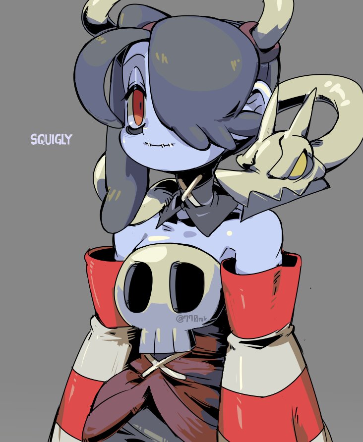 1girl 770mk black_hair black_neckwear blue_skin character_name colored_skin creature detached_sleeves dress leviathan_(skullgirls) looking_at_viewer one-eyed red_eyes shade shaded_face sharp_teeth skeleton skull_ornament skullgirls squigly_(skullgirls) stitched_mouth stitches striped_sleeves teeth twitter_username yellow_eyes zombie