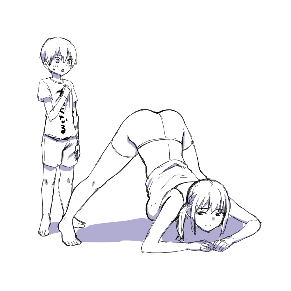 1boy 1girl age_difference bike_shorts hashi jack-o'_challenge monochrome original ponytail short_hair short_shorts shorts sketch sweatdrop top-down_bottom-up translated white_background