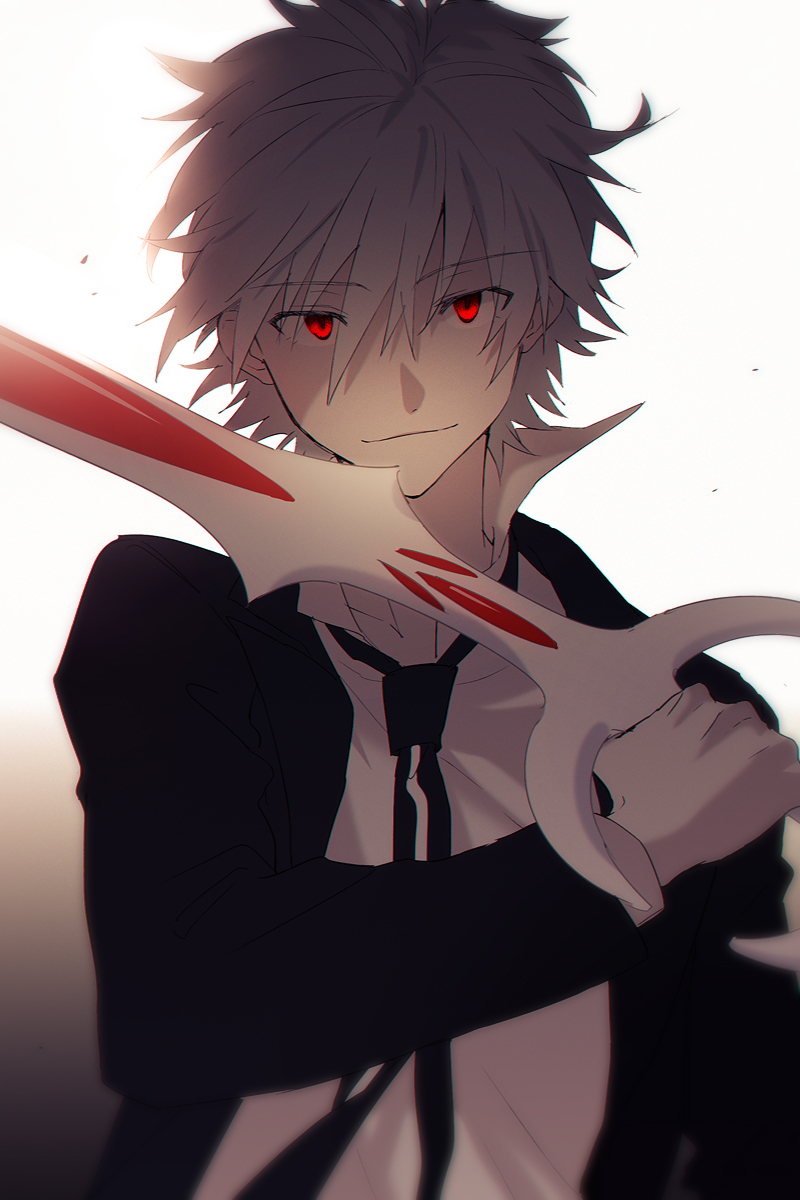 11kkr 1boy bangs black_coat closed_mouth coat eyes_visible_through_hair highres holding holding_sword holding_weapon light looking_at_viewer nagisa_kaworu necktie neon_genesis_evangelion red_eyes shirt short_hair simple_background smile solo standing sword weapon white_background white_shirt