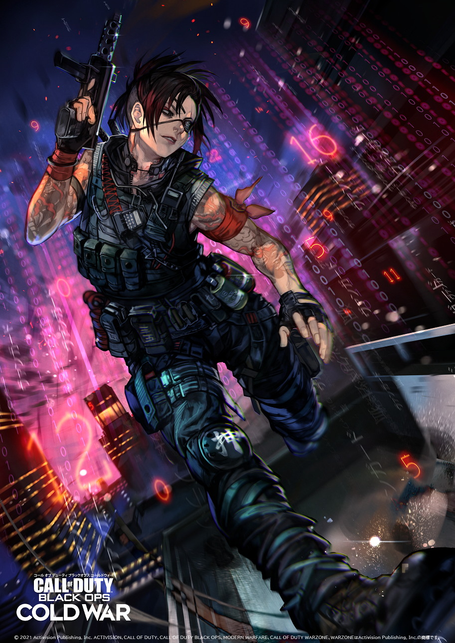 1girl arm_scarf arm_tattoo belt belt_pouch black_eyes black_footwear black_gloves black_hair black_pants black_vest boots building call_of_duty:_black_ops_cold_war character_request eyepatch finger_on_trigger fingerless_gloves folded_ponytail gloves gun hankuri highres holding holding_gun holding_weapon knee_pads one_eye_covered outdoors pants pouch running short_hair skyscraper smile smoke_grenade solo tactical_clothes tattoo thigh_strap vest walkie-talkie weapon