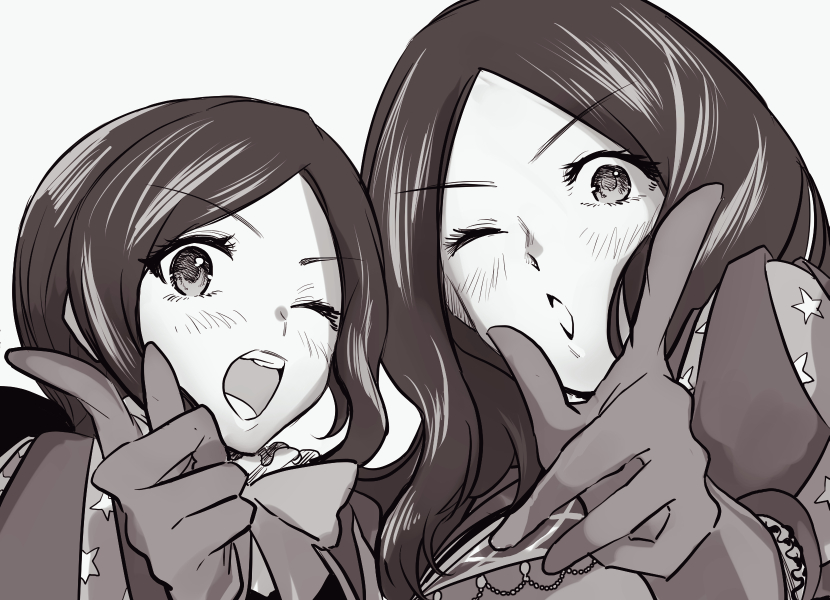 2girls bangs blush commentary_request fate/grand_order fate_(series) forehead gloves greyscale leonardo_da_vinci_(fate) leonardo_da_vinci_(rider)_(fate) long_hair looking_at_viewer metarogu monochrome multiple_girls one_eye_closed open_mouth parted_bangs pointing portrait pose puff_and_slash_sleeves puffy_sleeves simple_background white_background