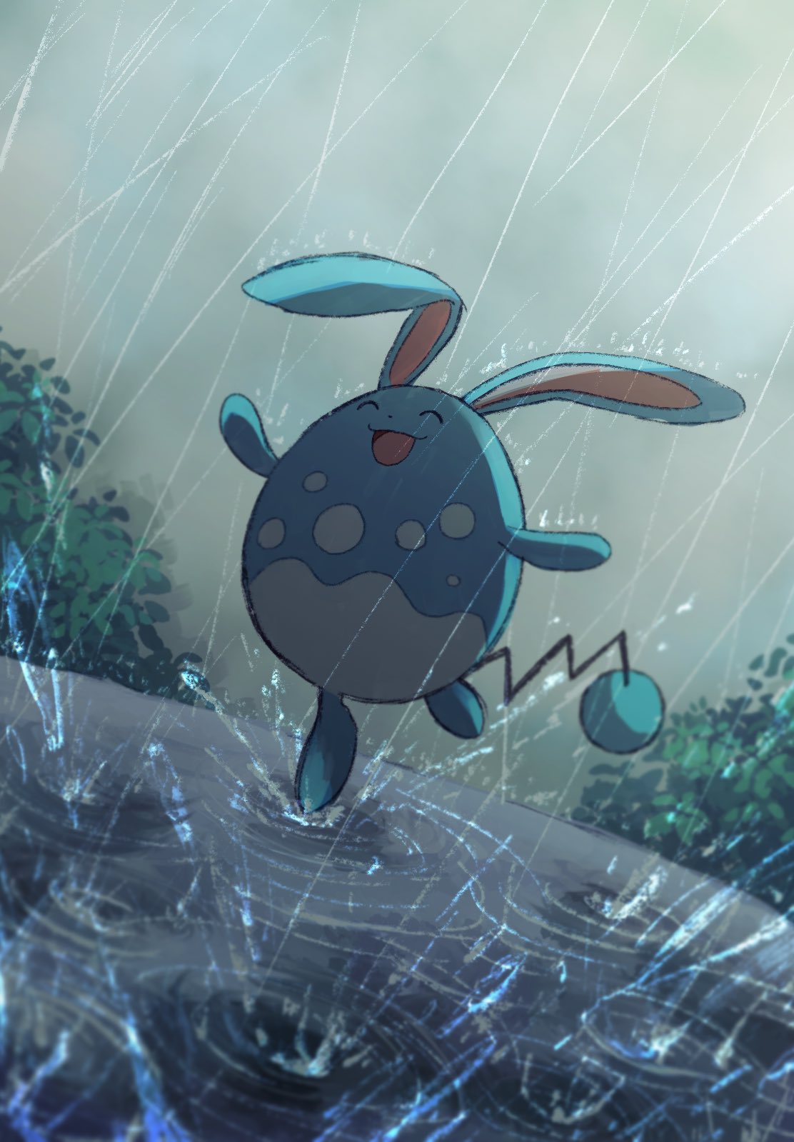 :d azumarill closed_eyes commentary_request dancing gen_2_pokemon happy highres leg_up no_humans open_mouth pokemon pokemon_(creature) rain ripples smile solo standing standing_on_one_leg tongue watanuki_(561yashi) water