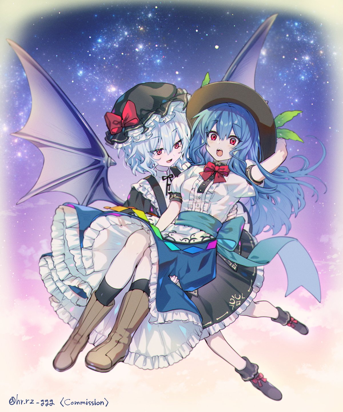 2girls arm_up arms_behind_head artist_name bangs bat_wings belt black_bow black_dress black_footwear black_headwear black_legwear black_neckwear blouse blue_belt blue_bow blue_hair blue_skirt blush boots bow bowtie breasts brown_footwear buttons clouds cloudy_sky dress english_text eyebrows_visible_through_hair eyes_visible_through_hair flying gradient gradient_sky hair_between_eyes hand_up hands_up hat hat_bow here_(hr_rz_ggg) highres hinanawi_tenshi leaf long_hair long_sleeves looking_at_another looking_to_the_side medium_breasts mob_cap multicolored multicolored_sky multiple_girls night night_sky open_mouth pink_sky puffy_short_sleeves puffy_sleeves purple_sky rainbow red_bow red_eyes red_neckwear remilia_scarlet shirt short_hair short_sleeves sitting sitting_on_person skirt sky smile socks star_(sky) starry_sky touhou white_blouse white_shirt wings yellow_sky yuri