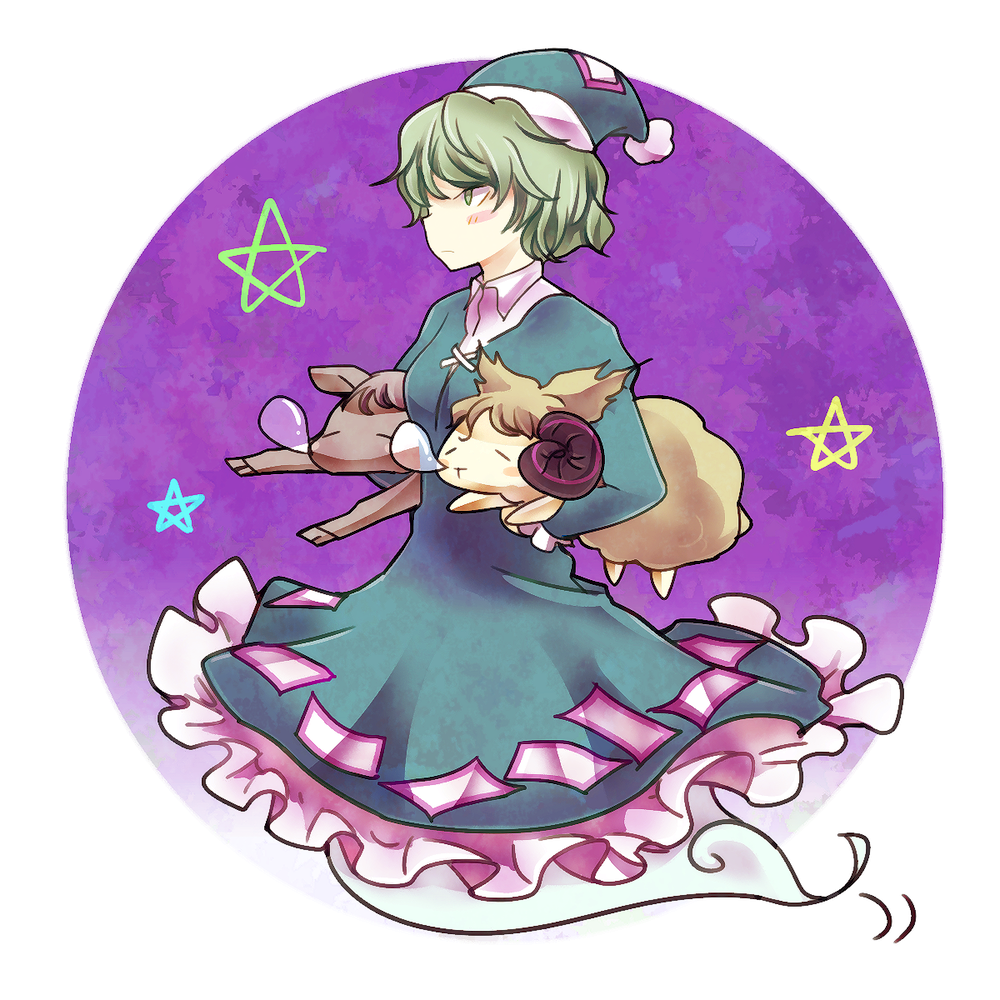 1girl animal blush calf chamaruku dress furrification furry ghost_tail green_dress green_eyes green_hair hat holding holding_animal hooves horns mononobe_no_futo nightcap ofuda ofuda_on_clothes purple_background sheep sheep_horns sleeping soga_no_tojiko star_(symbol) touhou toyosatomimi_no_miko